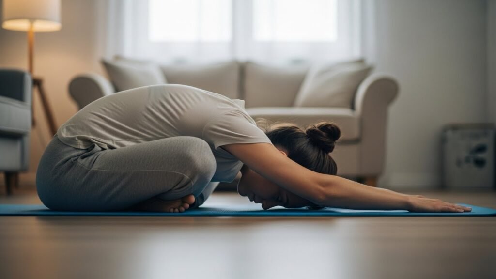 Eine Frau führt einfache Pilates Übungen in der Kindeshaltung zur Entspannung des Rückens aus.
