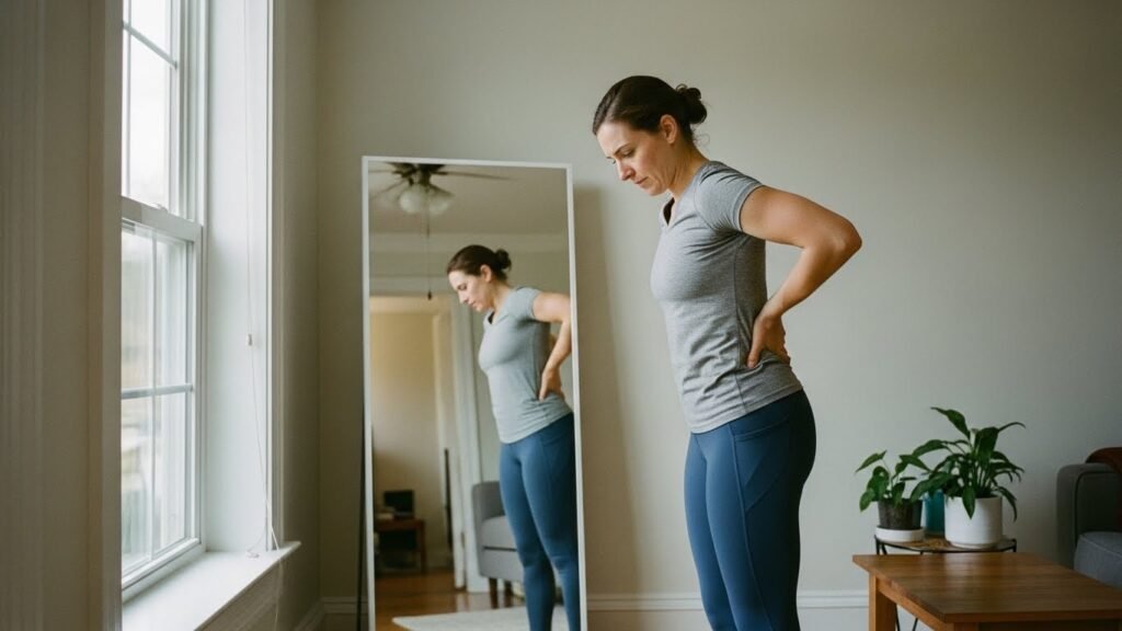 Person steht vor dem Spiegel und prüft ihr Hohlkreuz (Hyperlordose) im unteren Rücken. Hohlkreuz wegtrainieren