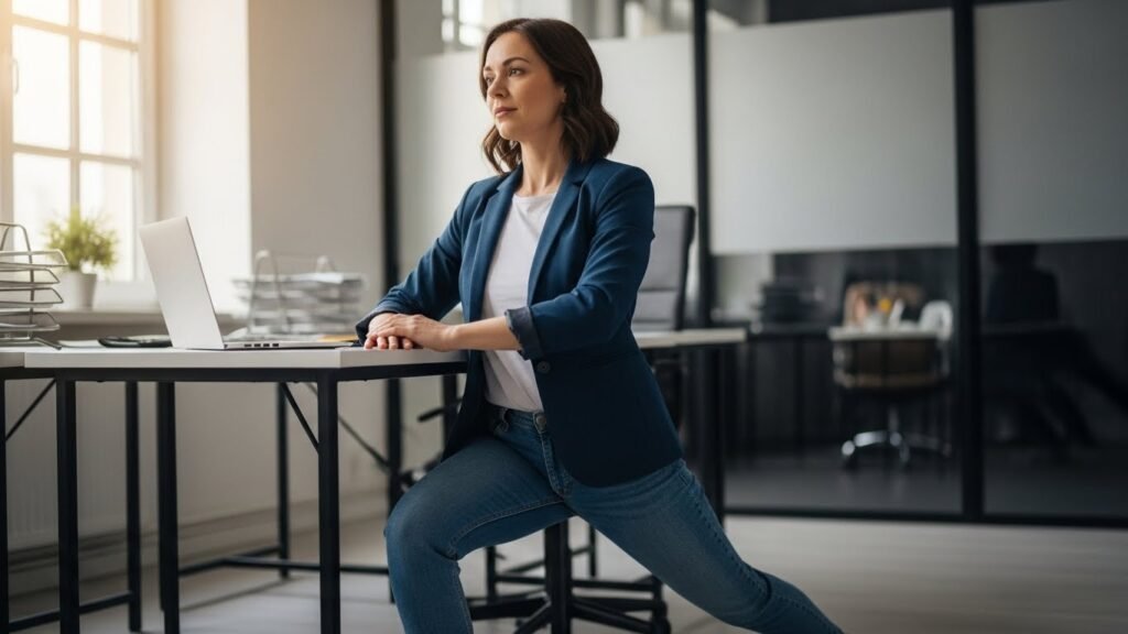 Frau führt im Büro einen Ausfallschritt aus, um den Hüftbeuger zu dehnen und Rückenbeschwerden zu lindern.