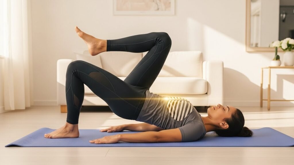 Rückenrettung zeigt morgendliche Pilates-Routine mit Dead Bug und Bridge.