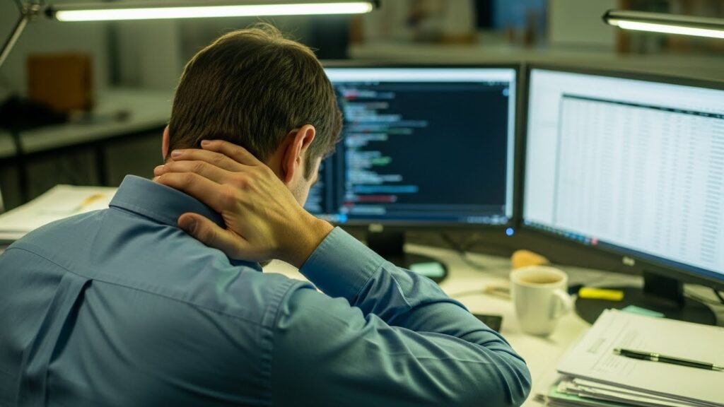 Mann im Büro hält sich den verspannten Nacken vor dem Computer. Rückenschmerzen