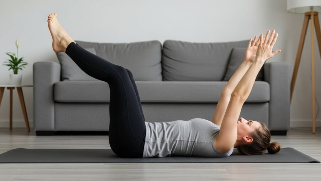 Ausführung der Dead Bug Pilates Übung zur Stärkung der Bauchmuskeln gegen Hohlkreuz.