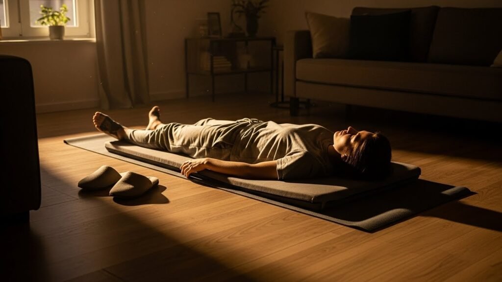 Eine Person liegt entspannt auf einer Pilates-Matte im Wohnzimmer nach dem Rückentraining.