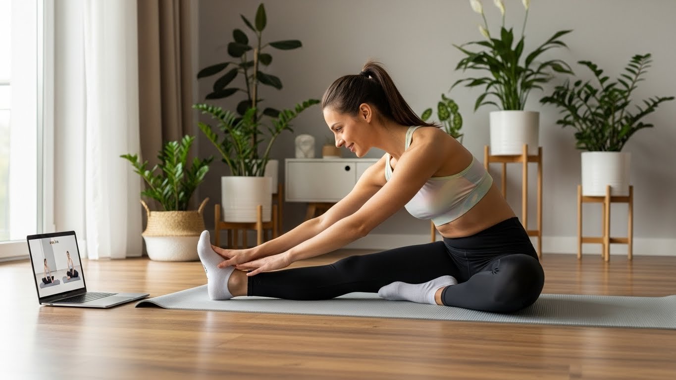 Eine Frau macht eine Übung für Pilates gegen Rückenschmerzen auf einer Matte im Wohnzimmer.
