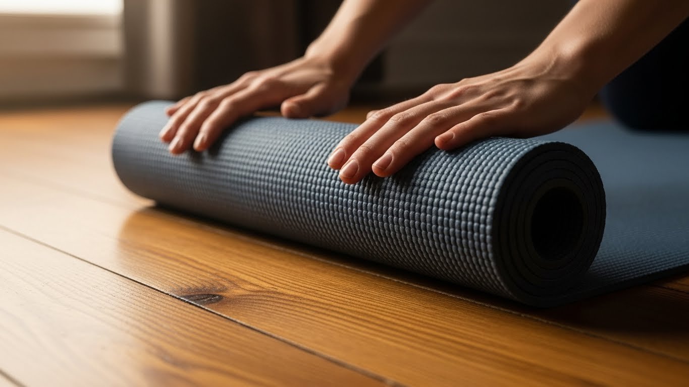 Nahaufnahme einer Person, die eine Pilates-Matte für das Rückentraining zuhause auf dem Boden ausrollt.