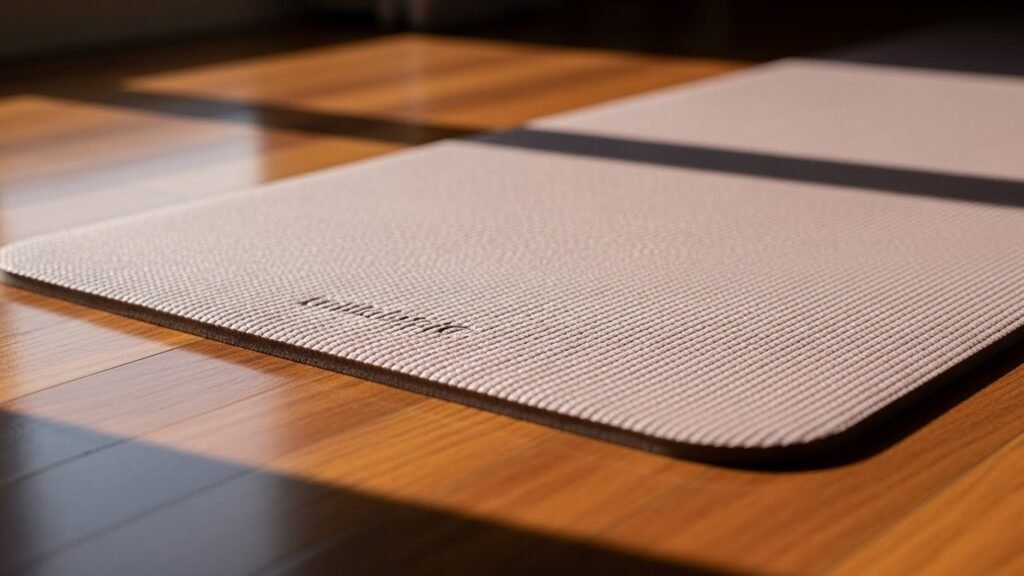 Rutschfeste Pilates Matte auf Holzboden als wichtigste Ausrüstung für das Heimtraining.