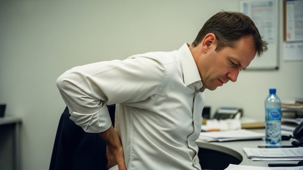Ein Mann am Schreibtisch hält sich schmerzverzerrt den unteren Rücken aufgrund von langem Sitzen. Rückenschmerzen unterer Rücken