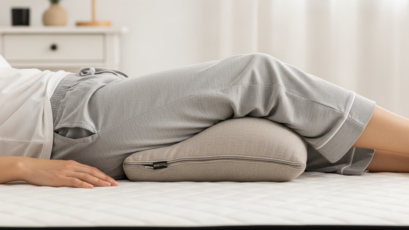 Richtige Schlafposition in Seitenlage mit einem Kissen zwischen den Knien zur Entlastung der Lendenwirbelsäule.