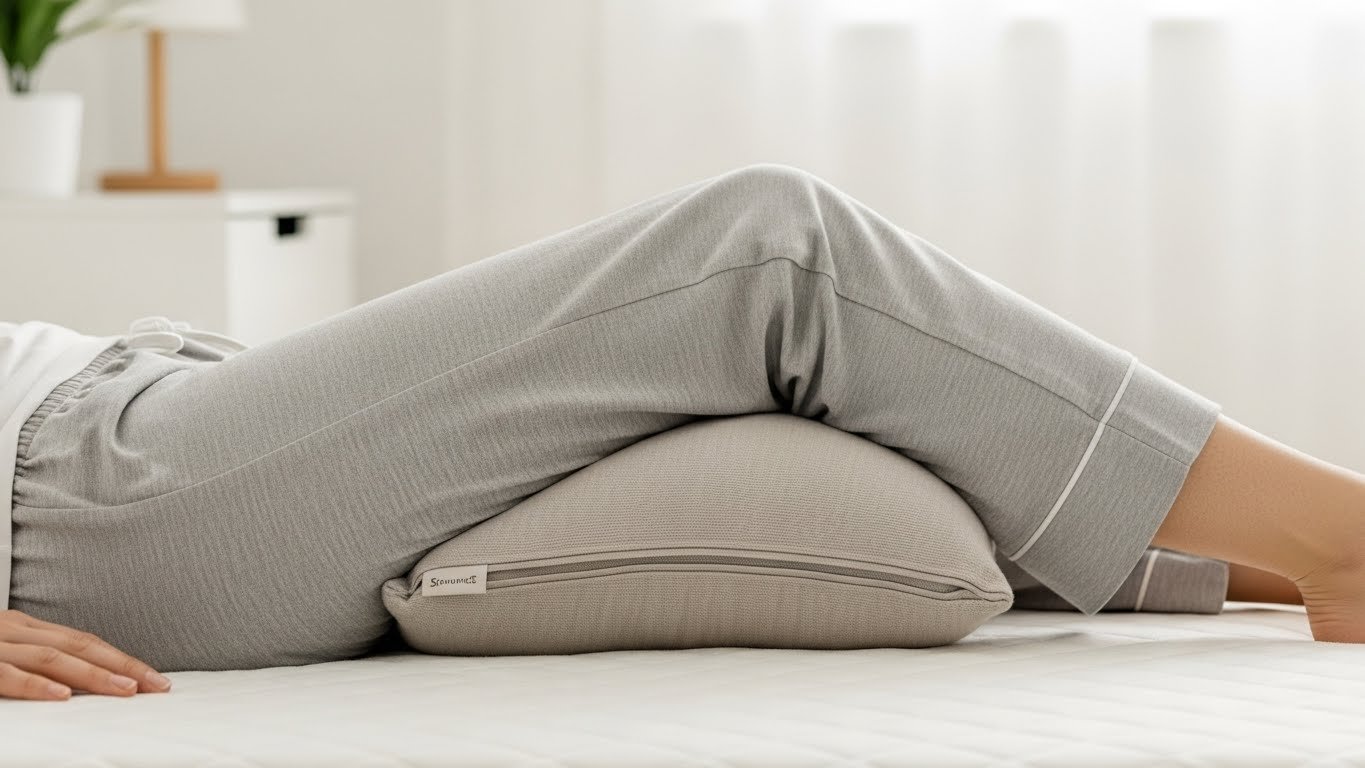 Richtige Schlafposition in Seitenlage mit einem Kissen zwischen den Knien zur Entlastung der Lendenwirbelsäule.
