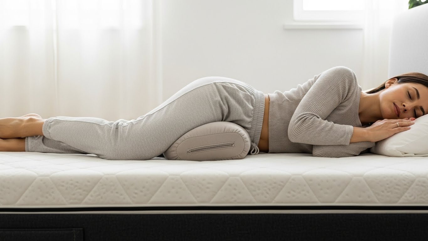 Darstellung der optimalen Seitenlage mit einem Kissen zwischen den Knien zur Entlastung der Lendenwirbelsäule. beste schlafposition bei rückenschmerzen